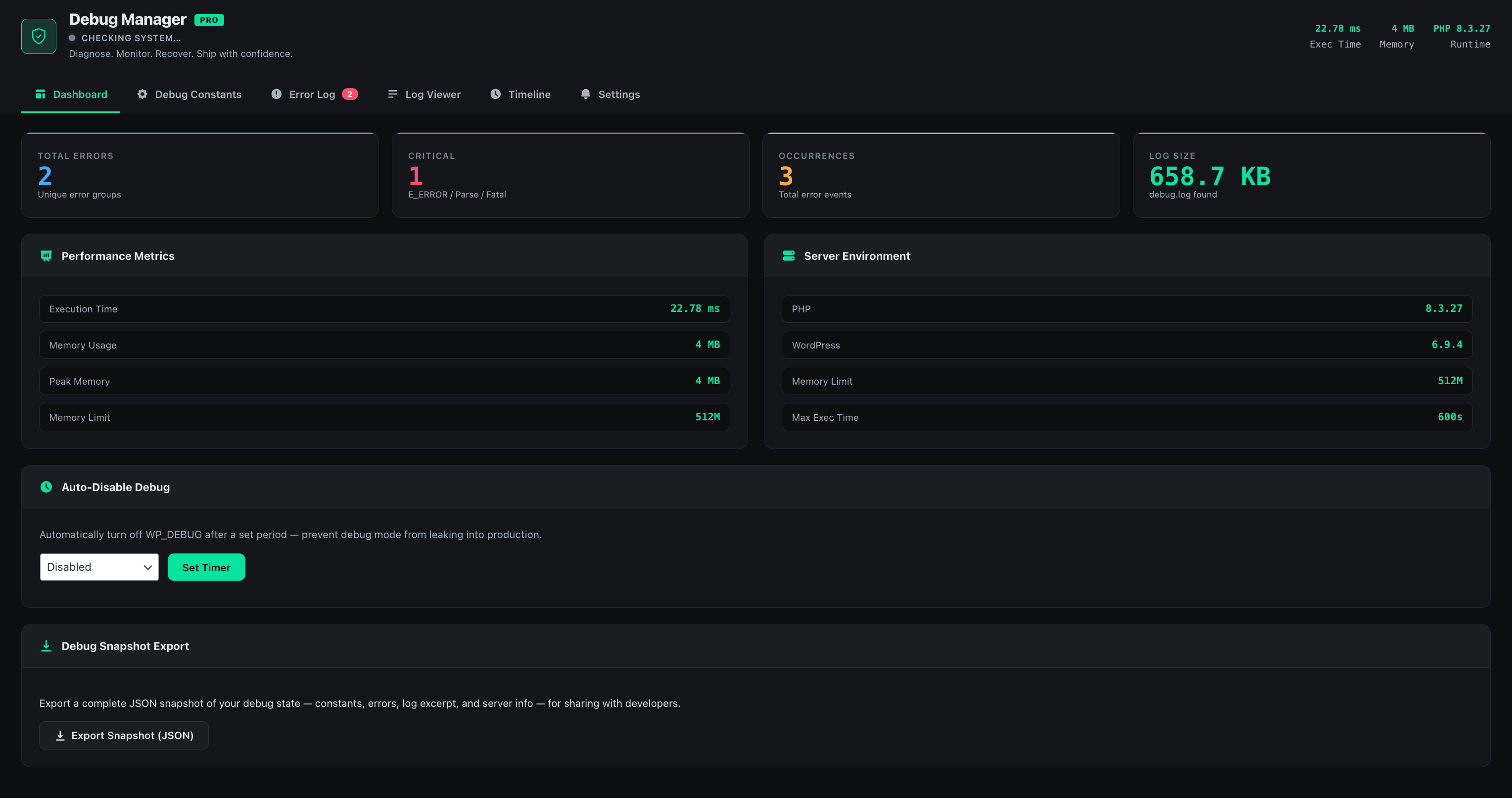 Debug Manager Pro WordPress debugging dashboard showing website health and debugging information