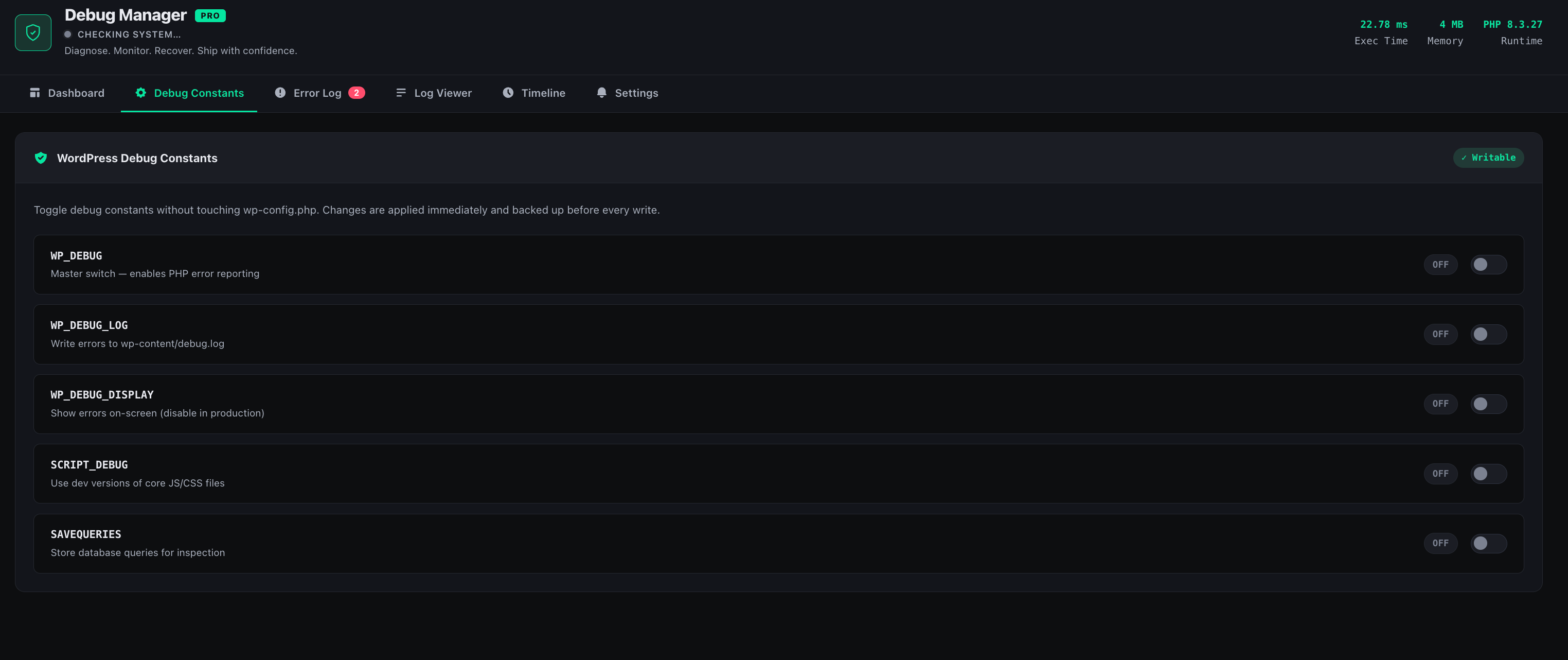 Debug Manager Pro WordPress debug controls for WP_DEBUG and other debugging settings