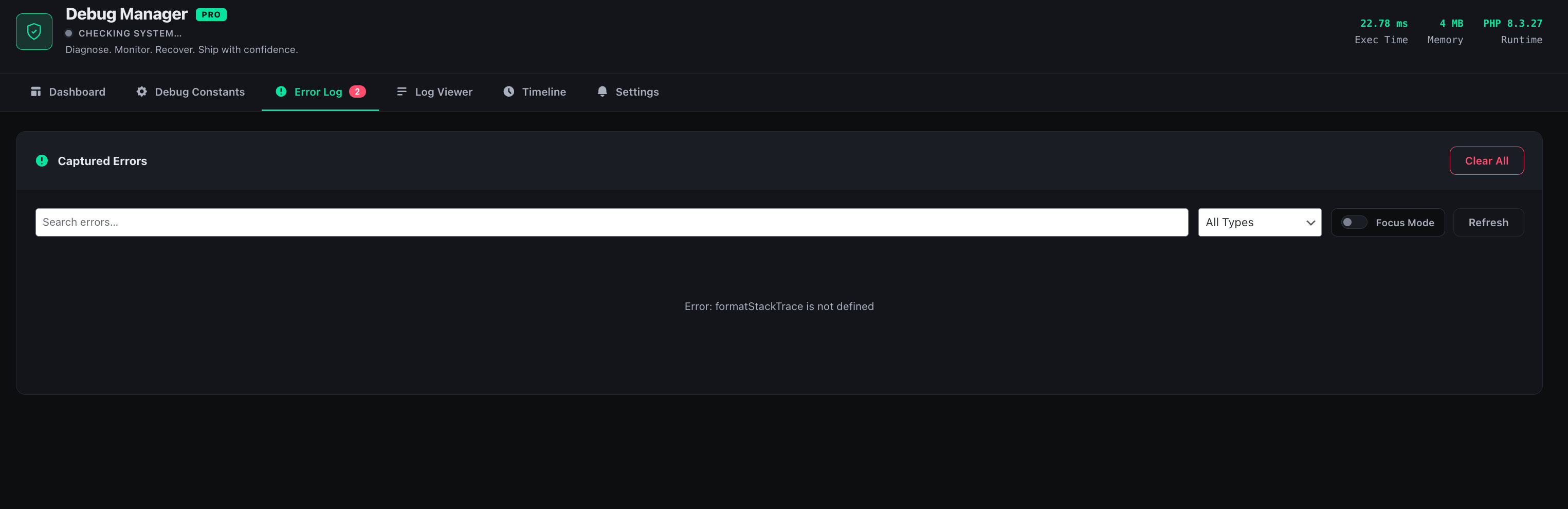 Debug Manager Pro PHP error log showing WordPress errors categorized by severity with stack traces