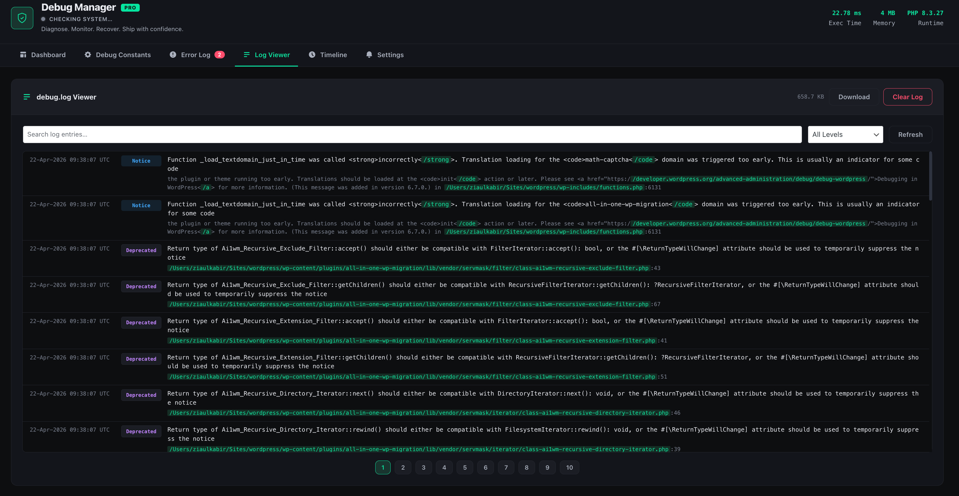 Debug Manager Pro WordPress debug log viewer with search and filtering options