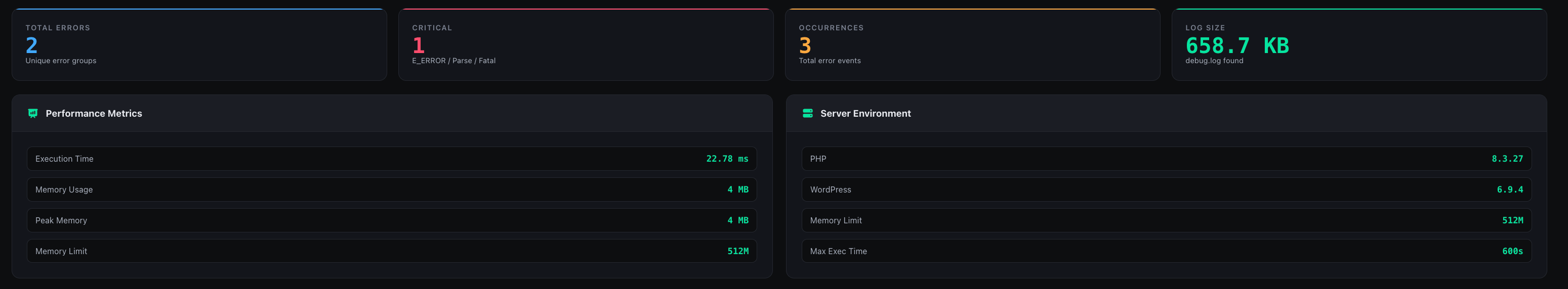 Debug Manager Pro WordPress performance monitoring showing memory usage, execution time and database queries