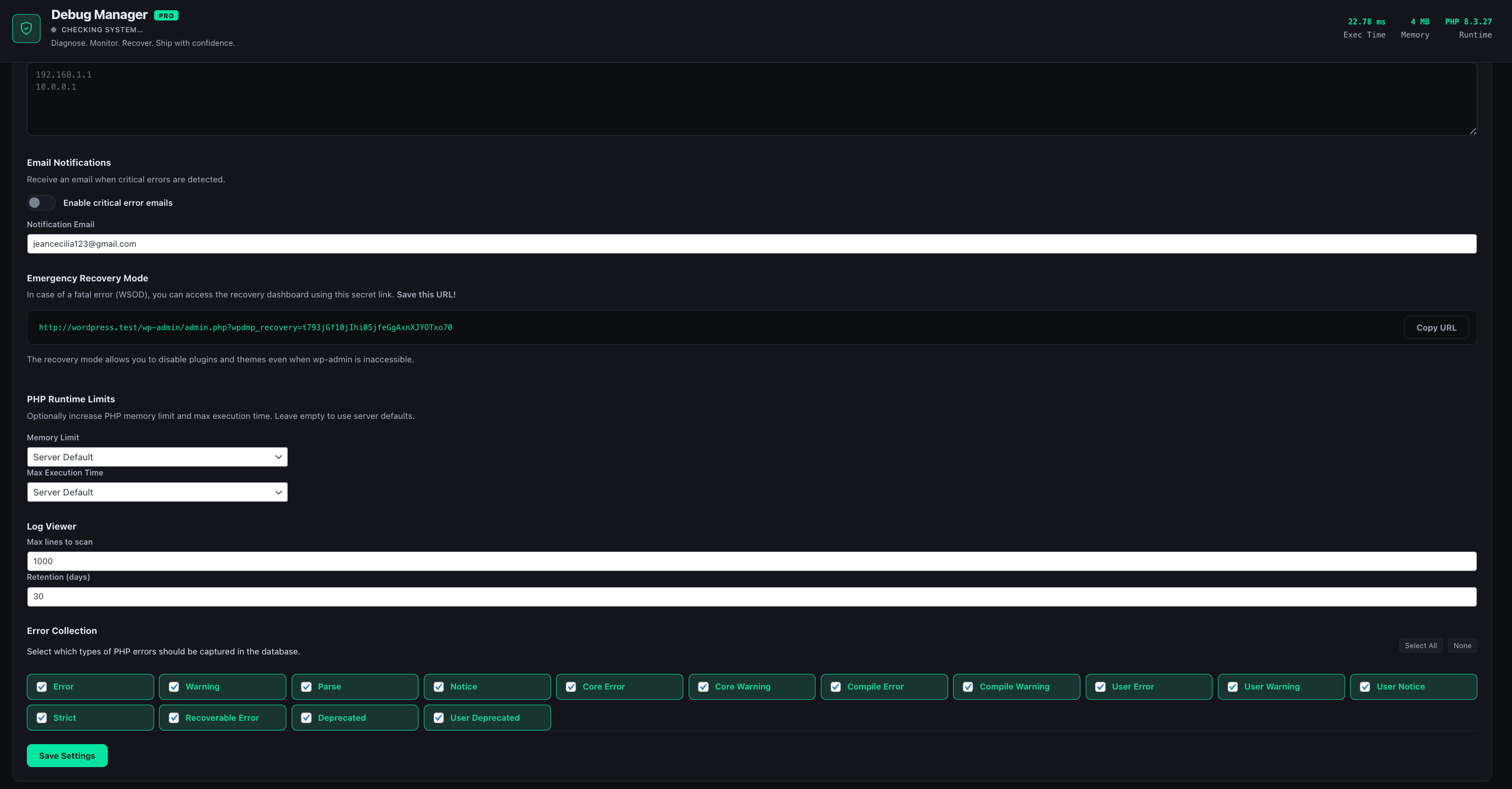 Debug Manager Pro WordPress security settings including nonce verification, capability checks and configuration backups
