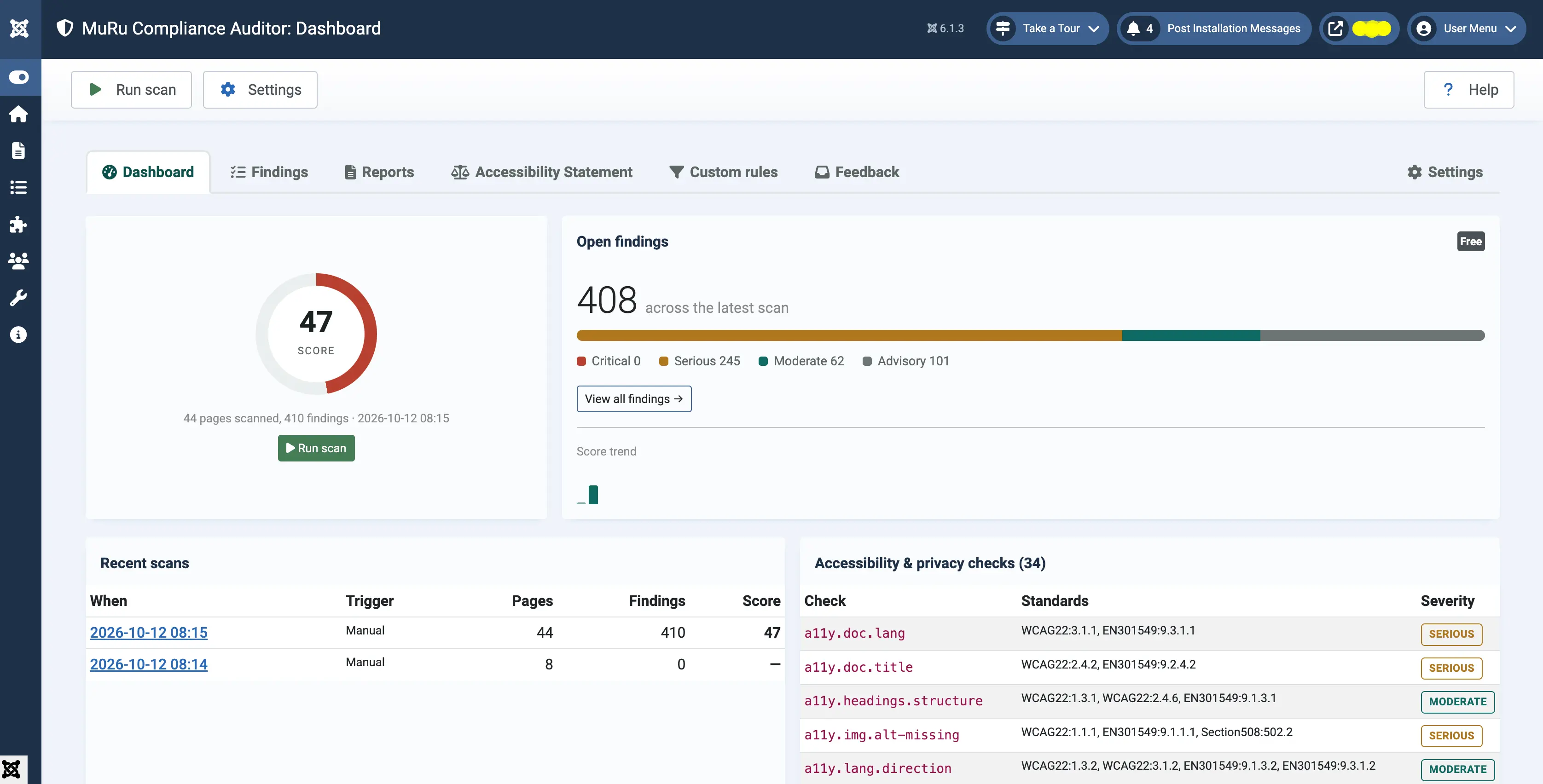 MuRu Compliance Auditor dashboard showing the accessibility score, open findings by severity and recent scans