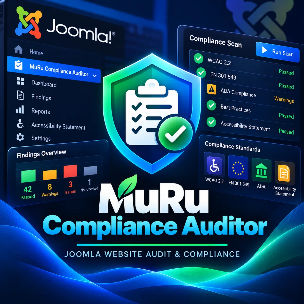 MuRu Compliance Auditor findings dashboard inside the Joomla administrator